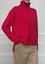 Roll neck jumper with decorative stitching - red