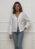 Musselin Blusenjacke mit Bindebänder - weiß