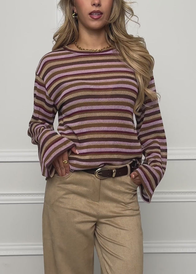 Striped long-sleeved knit top - brown-beige-rose by SASSYCLASSY