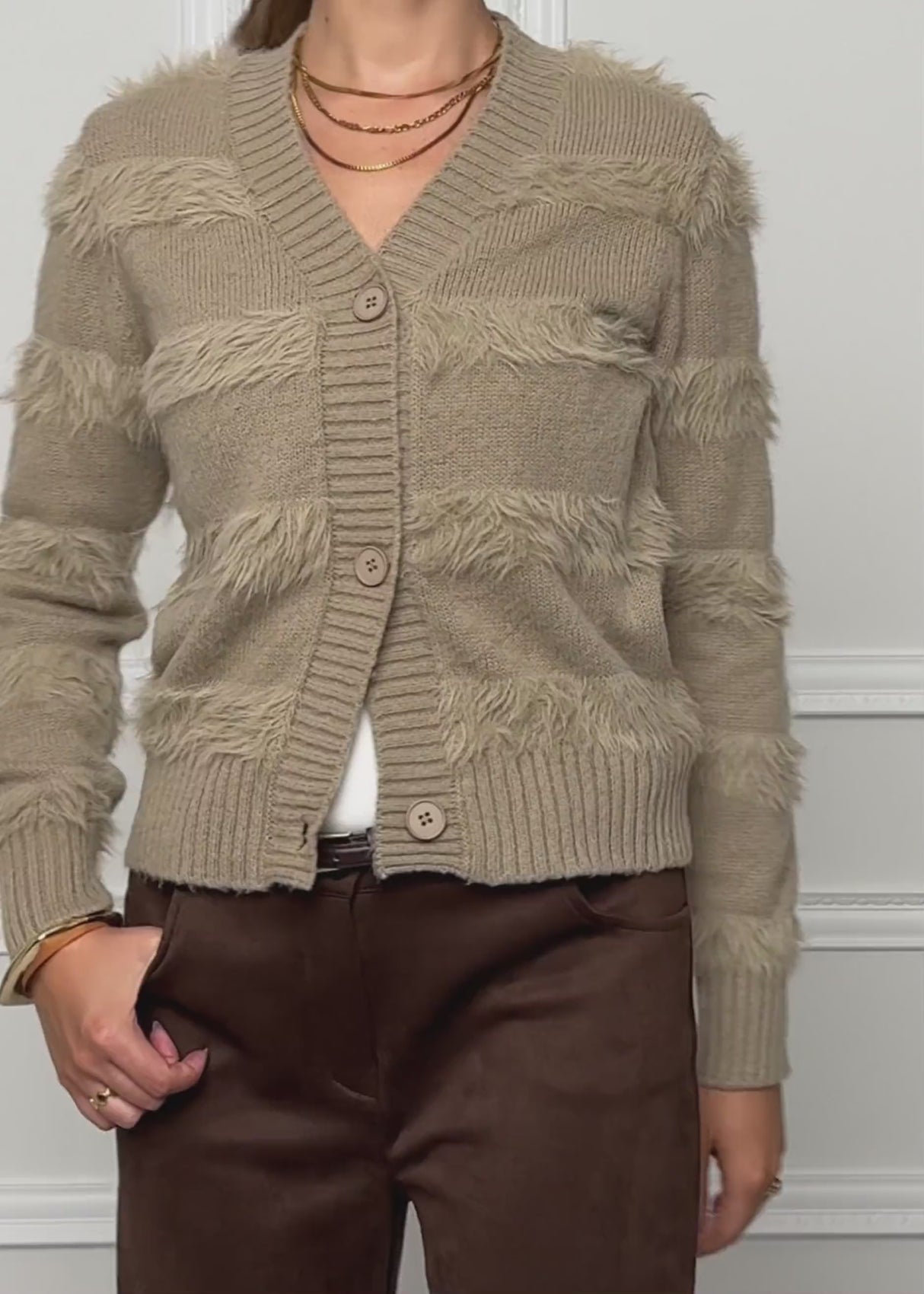 Cardigan with fluffy stripes - taupe by SASSYCLASSY