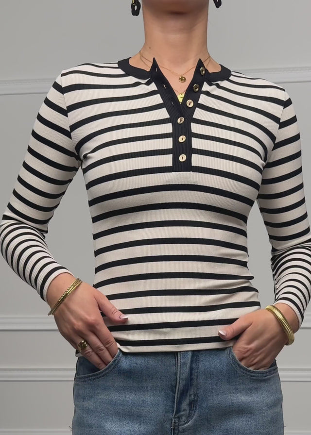 Striped long-sleeved top with button placket - black-white by SASSYCLASSY