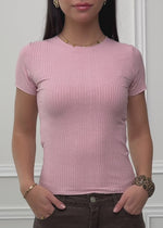T-Shirt in geripptem Jersey - altrosa