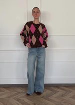 Oversize Cardigan mit Rautenmuster - braun-pink