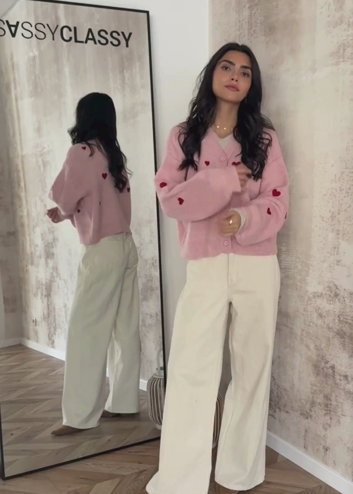 Cardigan with red heart - pink