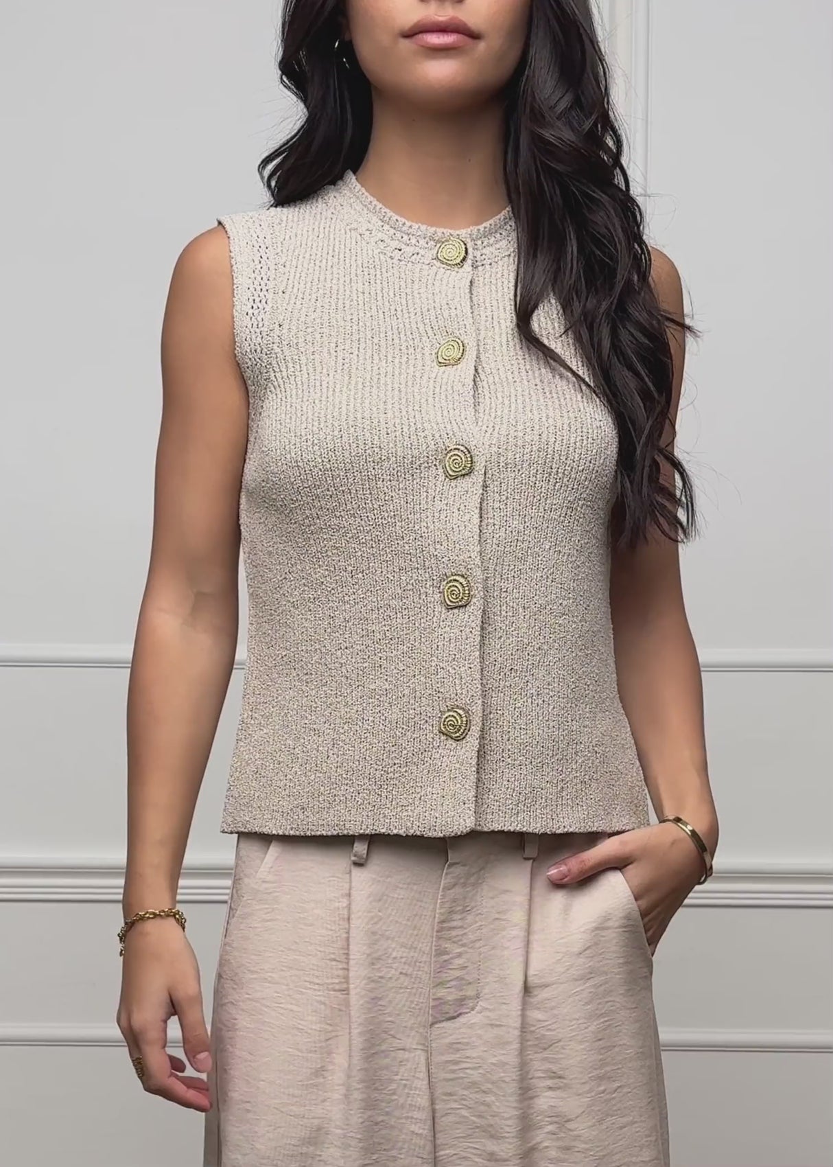 Knitted Top with Shell Buttons - Taupe