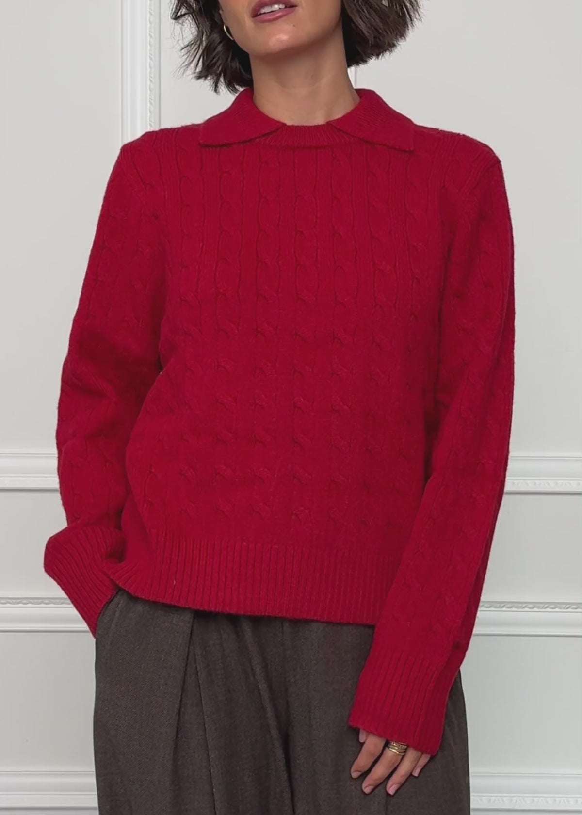 Knit jumper with cable knit and collar - red by SASSYCLASSY