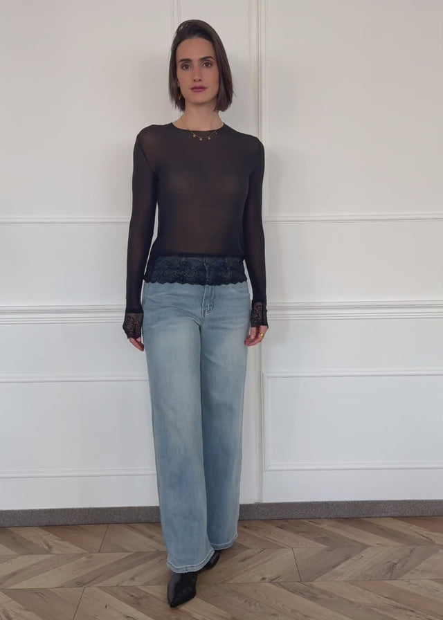 Sheer long-sleeved top with lace trim and cashmere blend - black by SASSYCLASSY