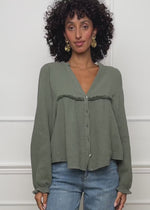 Muslin blouse with V-neck and fringe - khaki