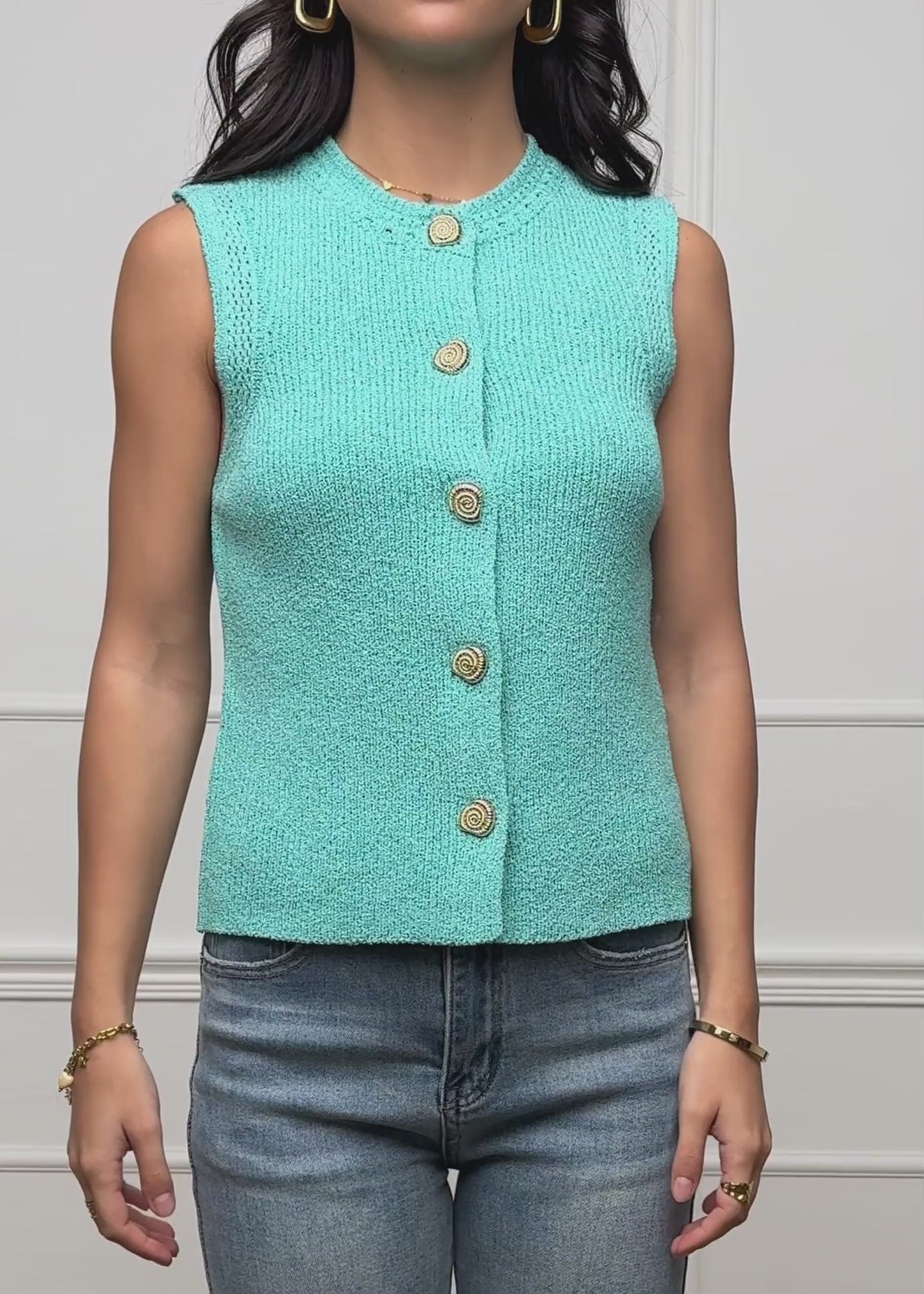 Strick Top mit Muschelknöpfen - türkis