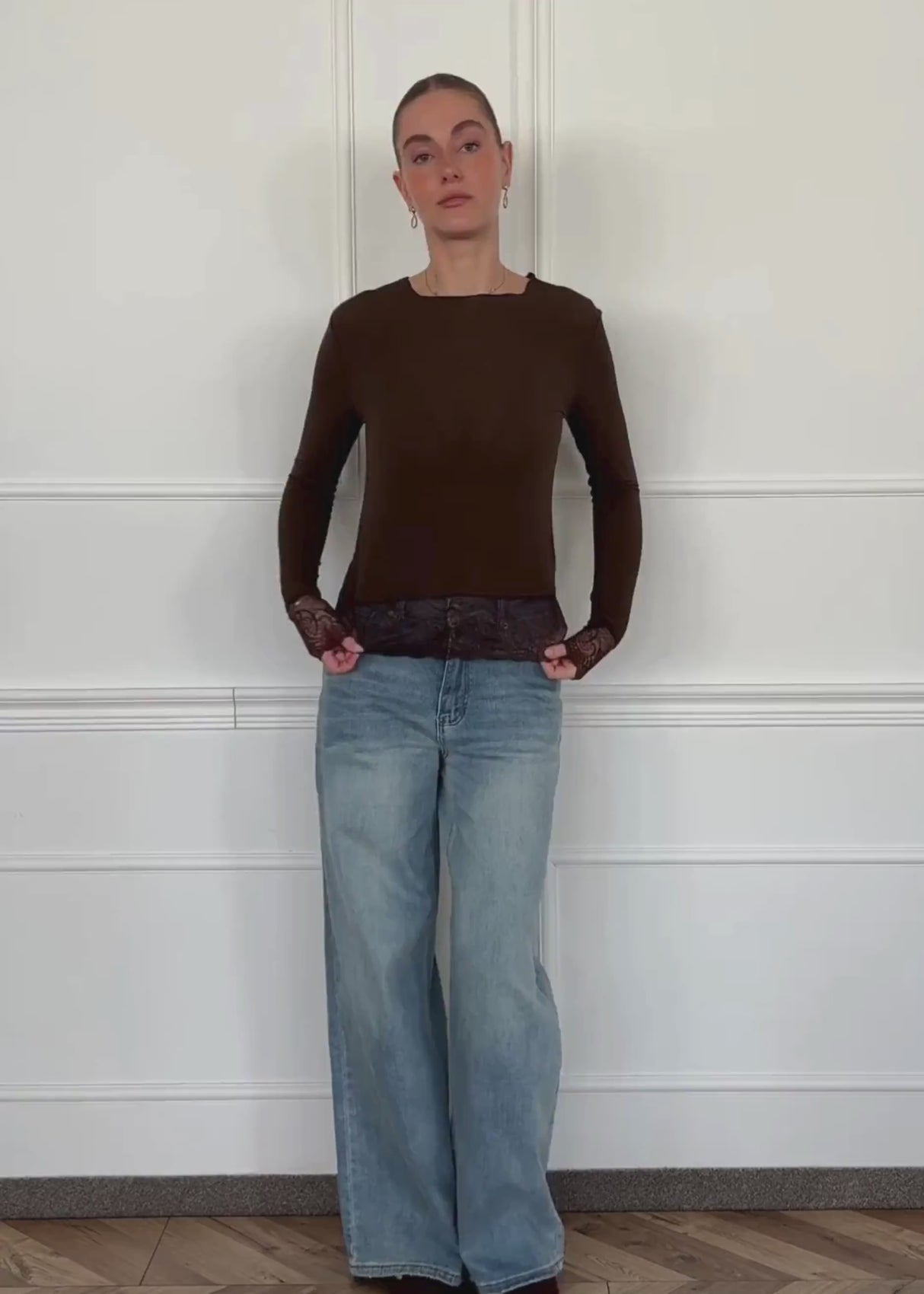 Langarmshirt mit Spitzenborte und Kaschmiranteil - braun