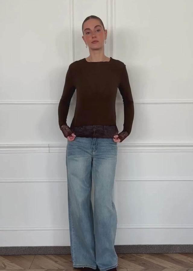 Long-sleeved top with lace trim and cashmere blend - brown by SASSYCLASSY
