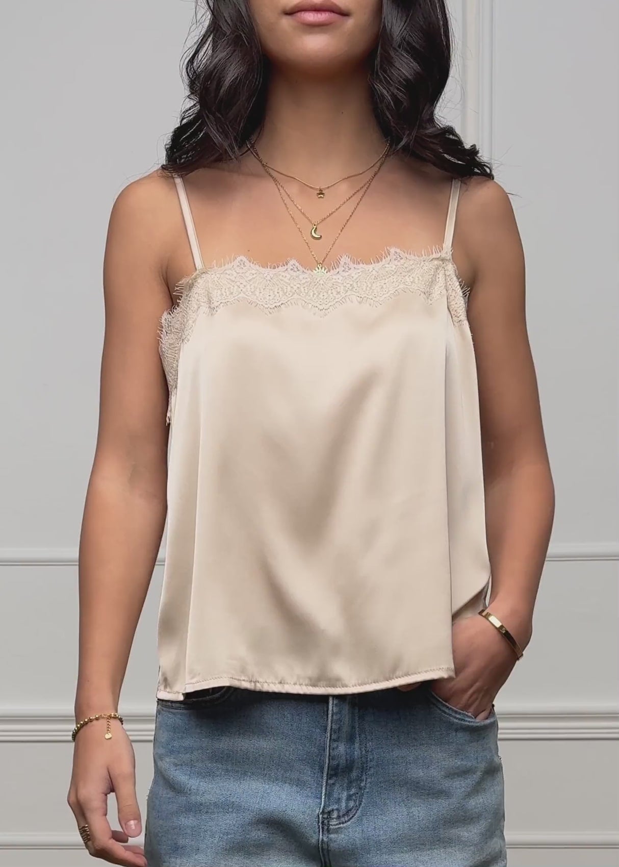Satin top with lace - beige