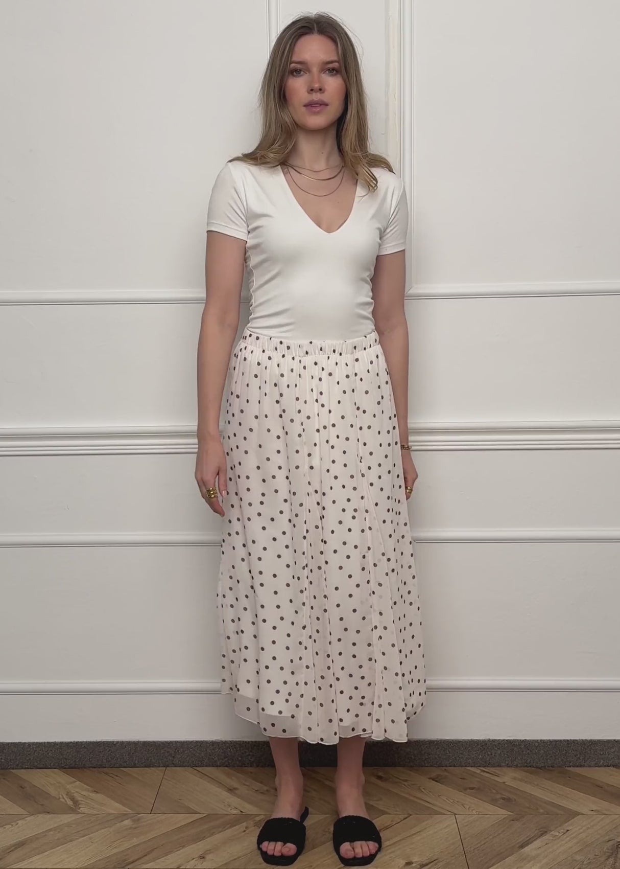 Langer Chiffon Rock mit Punktemuster - offwhite