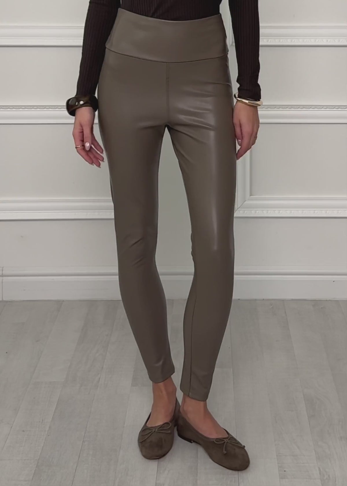 High-rise thermal faux leather leggings with wide waistband - taupe by SASSYCLASSY