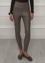 High-rise thermal faux leather leggings with wide waistband - taupe