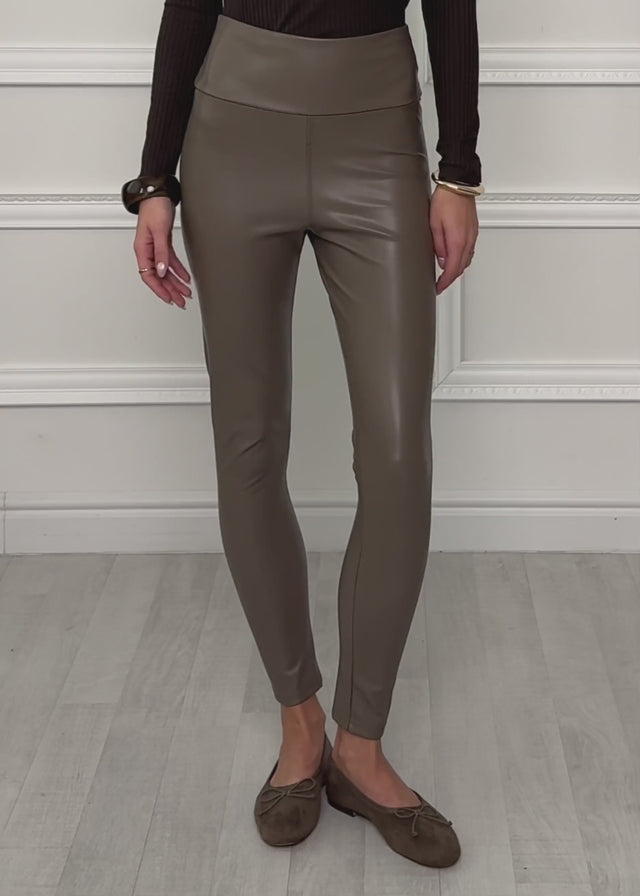 High-rise thermal faux leather leggings with wide waistband - taupe by SASSYCLASSY
