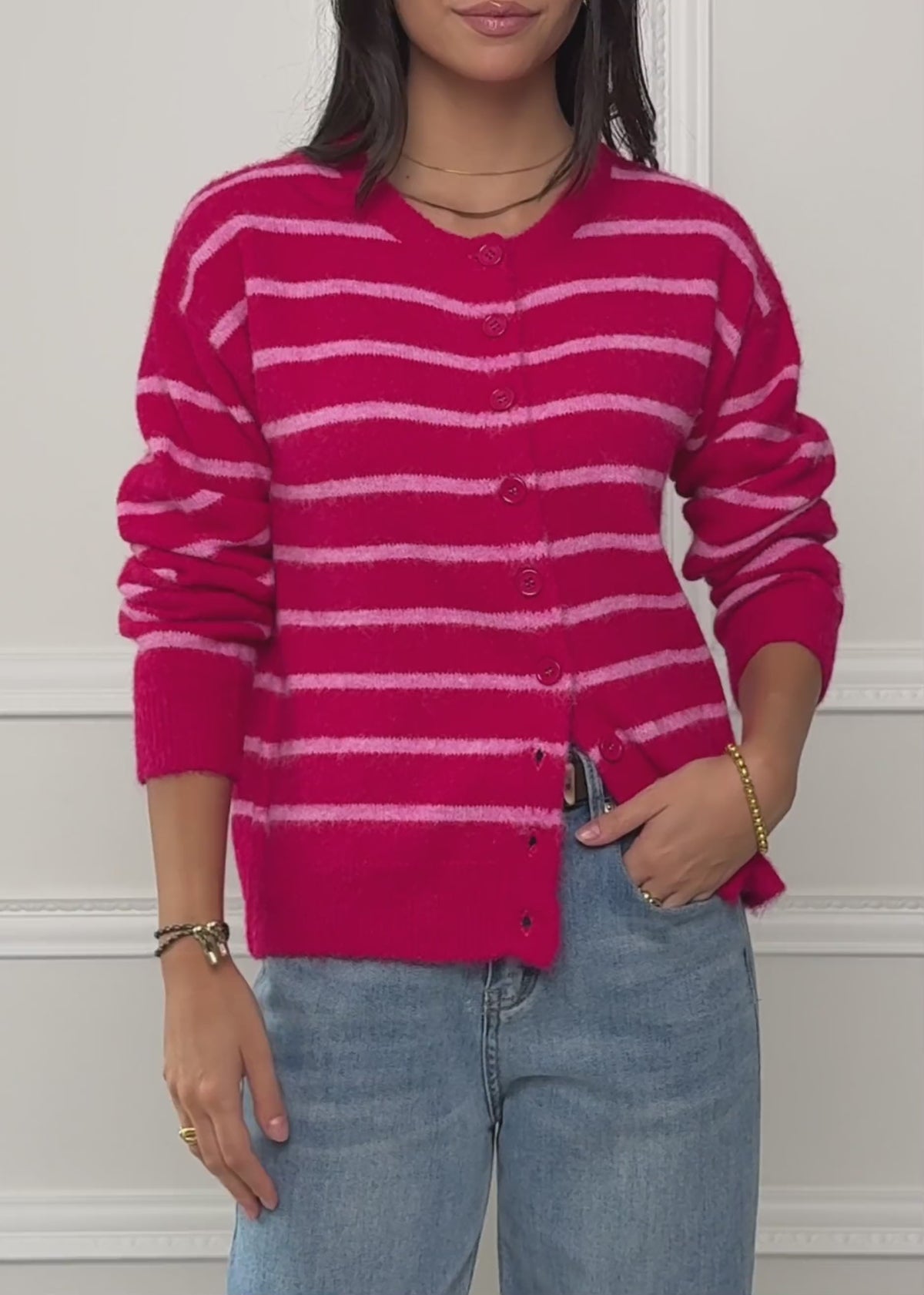 Gestreifter Cardigan mit Schal - pink von SASSYCLASSY