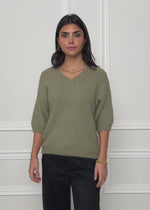 Short-sleeved knit jumper with V-neck - khaki