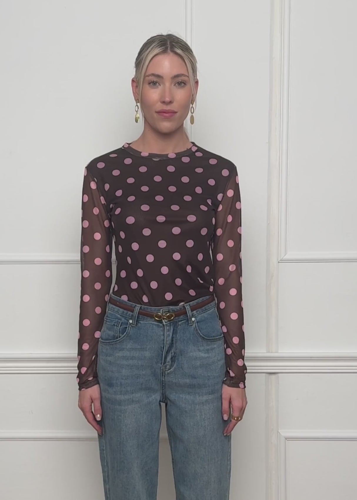 Mesh Langarmshirt mit großen Punkten - braun-rosa von SASSYCLASSY