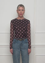 Mesh Langarmshirt mit großen Punkten - braun-rosa