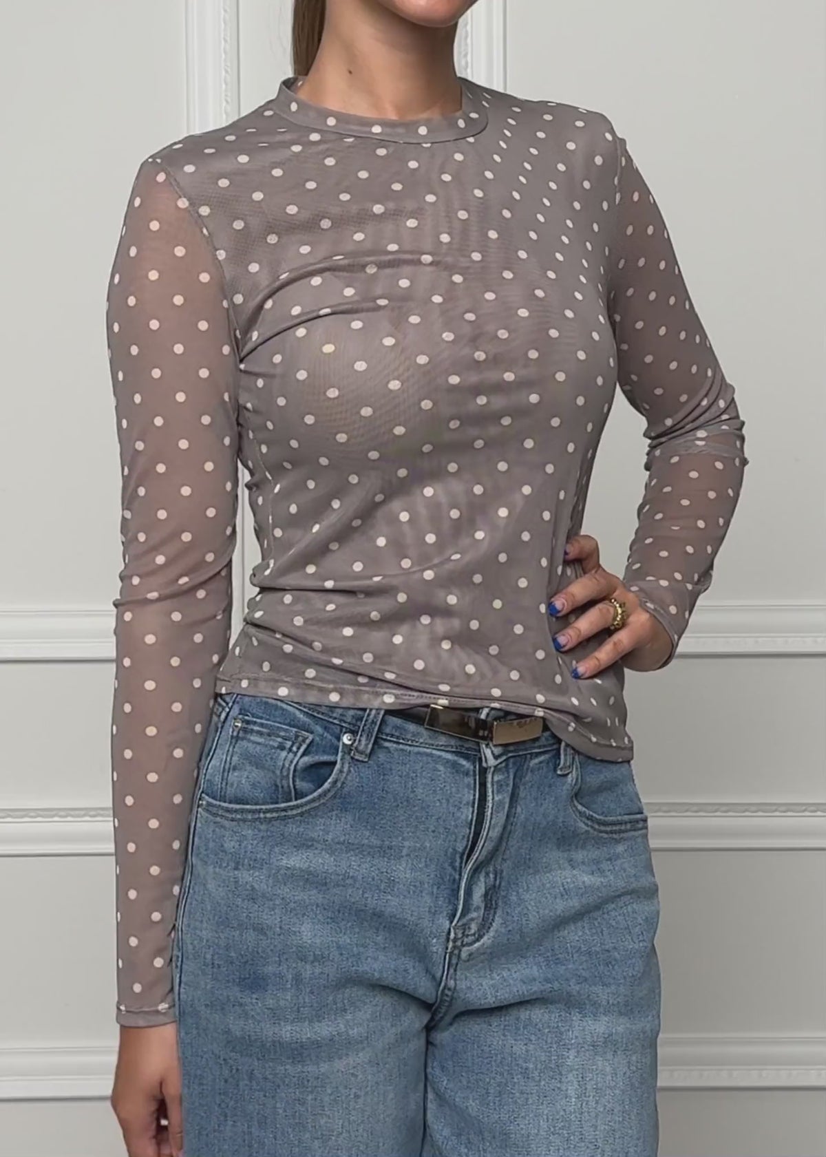 Mesh long-sleeved shirt with polka dots - grey by SASSYCLASSY