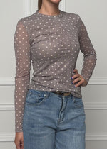 Mesh long-sleeved shirt with polka dots - grey