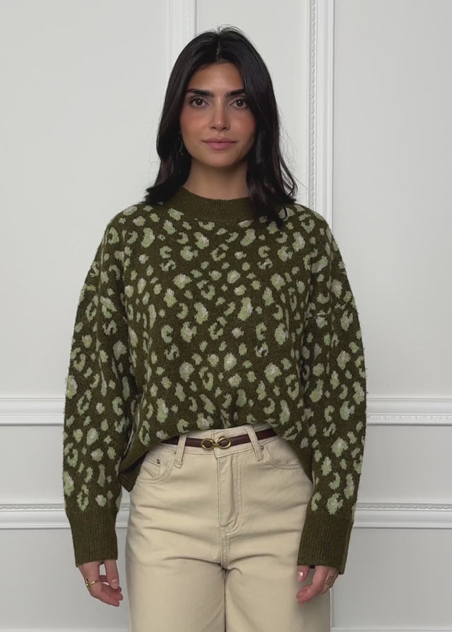 Jumper with wide ribbing and leopard print - khaki by SASSYCLASSY