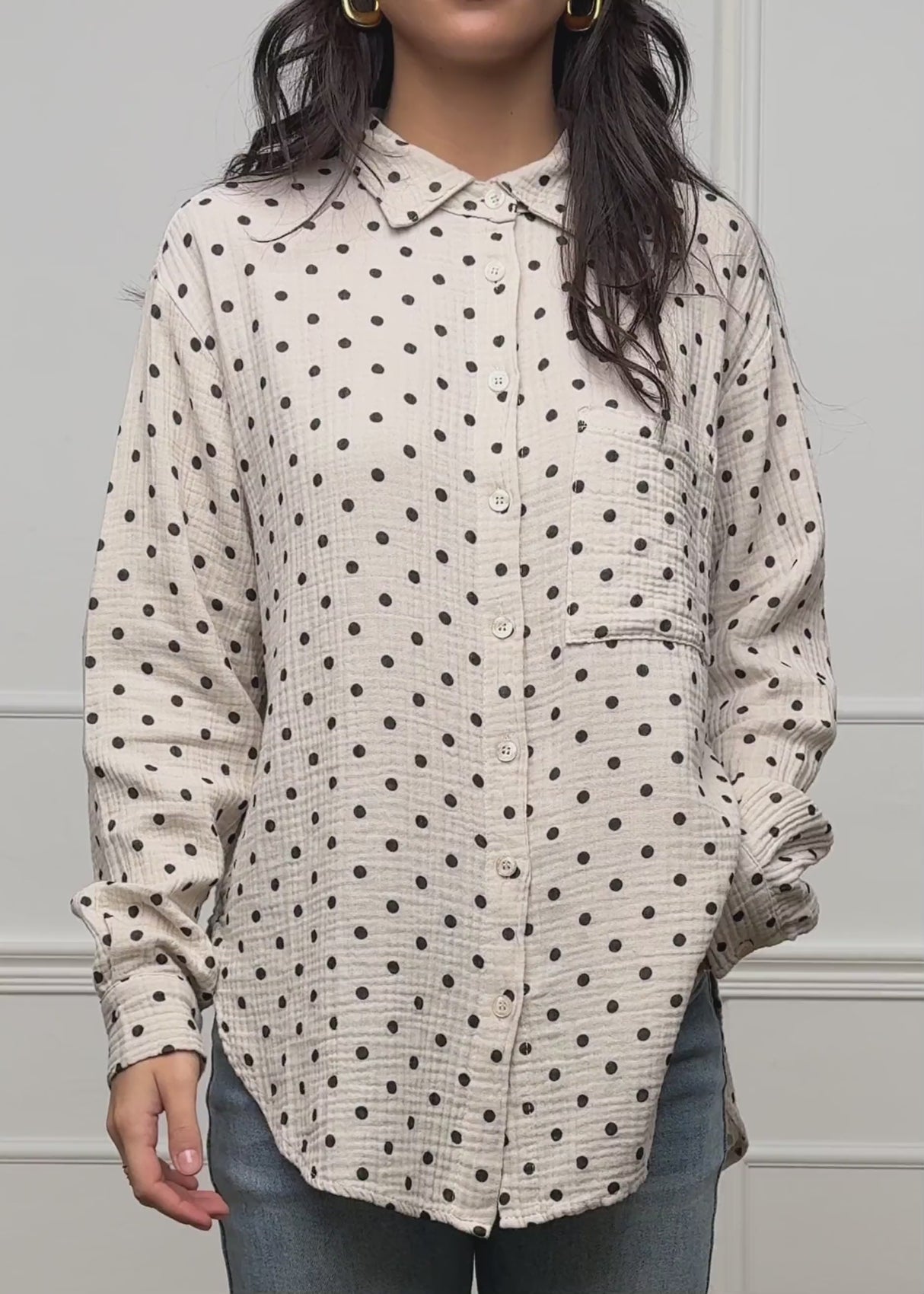 Oversized Muslin Blouse with Brown Dots - Beige