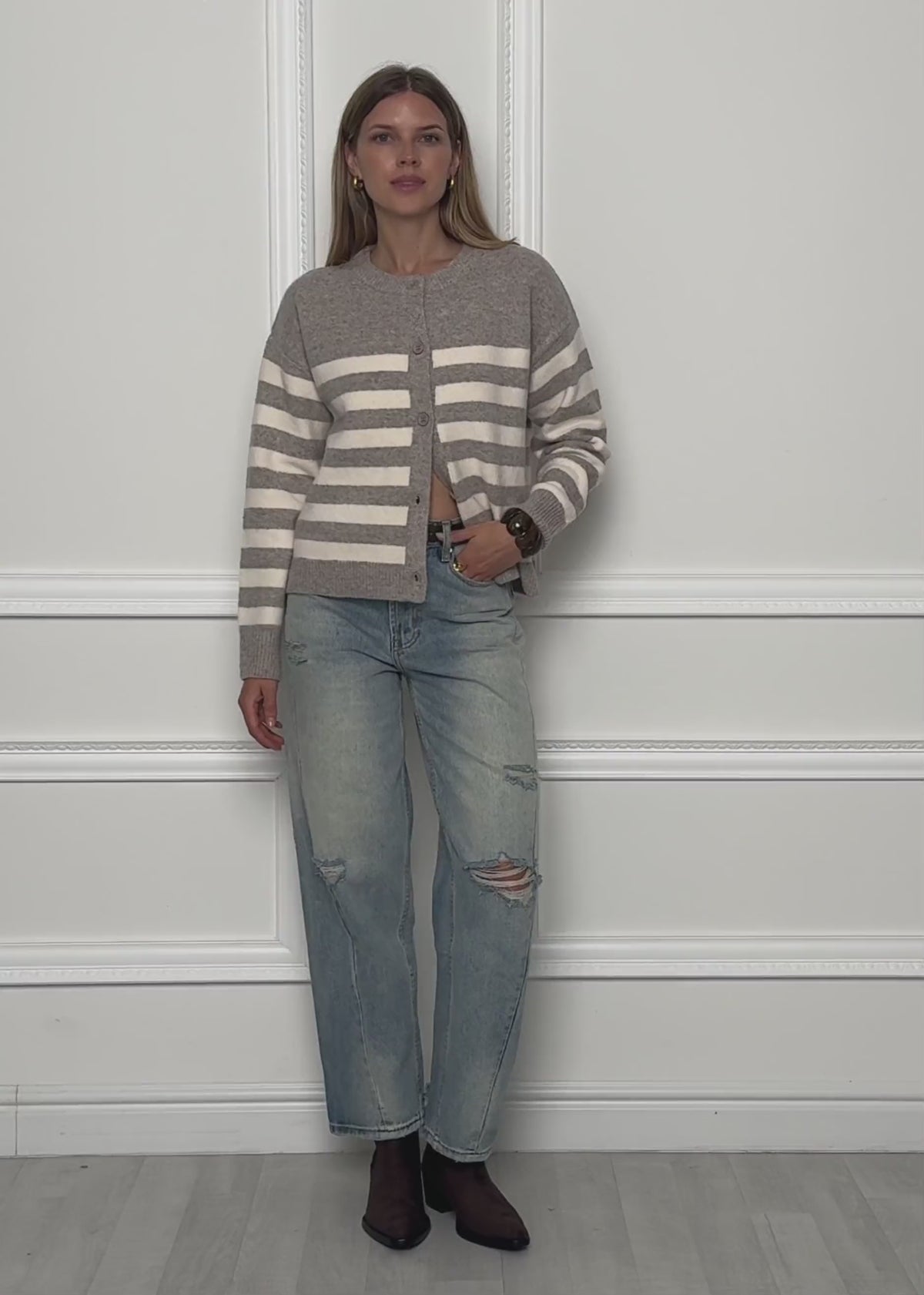 Striped cardigan with yoke - taupe by SASSYCLASSY