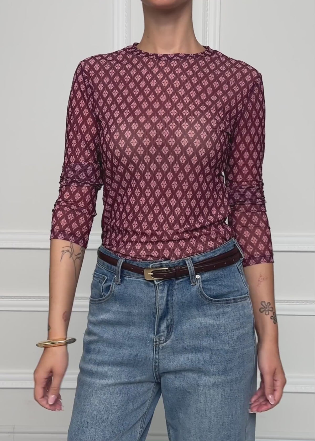 Mesh long-sleeve top with geometric pattern - burgundy by SASSYCLASSY