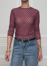 Mesh long-sleeve top with geometric pattern - burgundy
