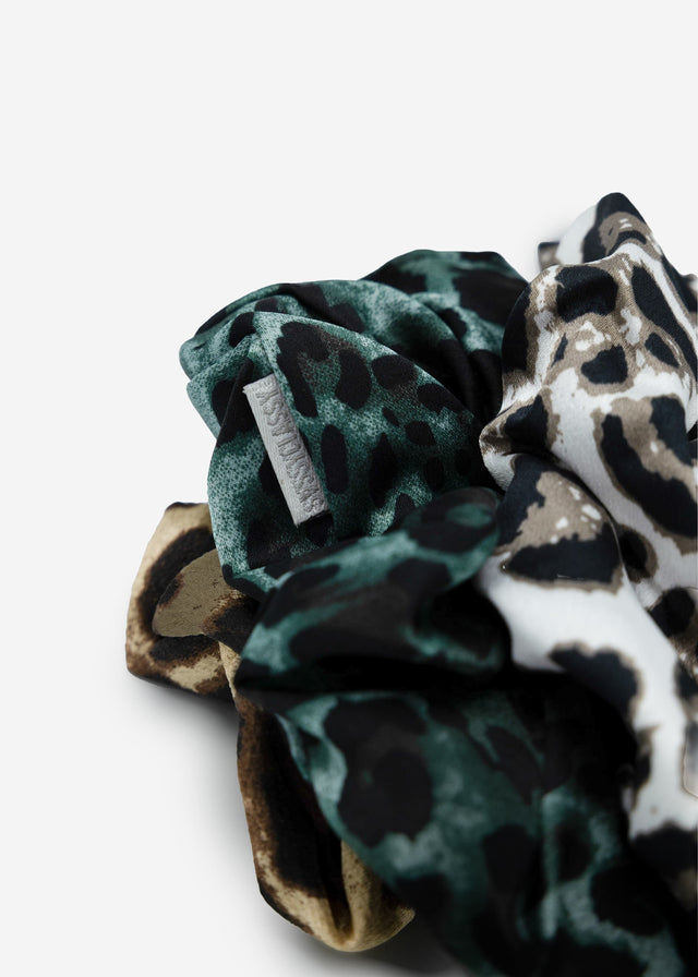 3er Set Scrunchies in Leo Print - offwhite-grün-beige