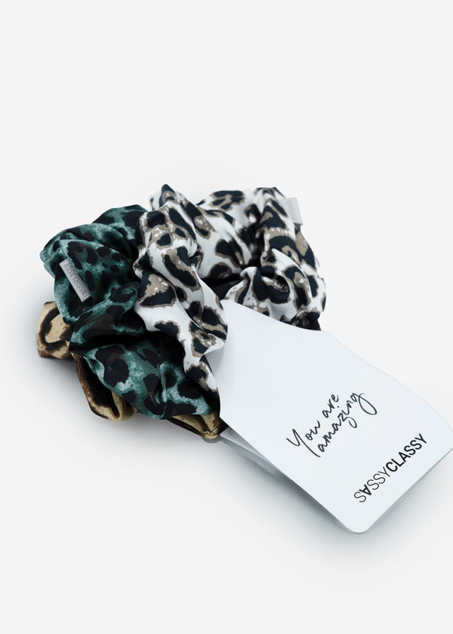 3er Set Scrunchies in Leo Print - offwhite-grün-beige