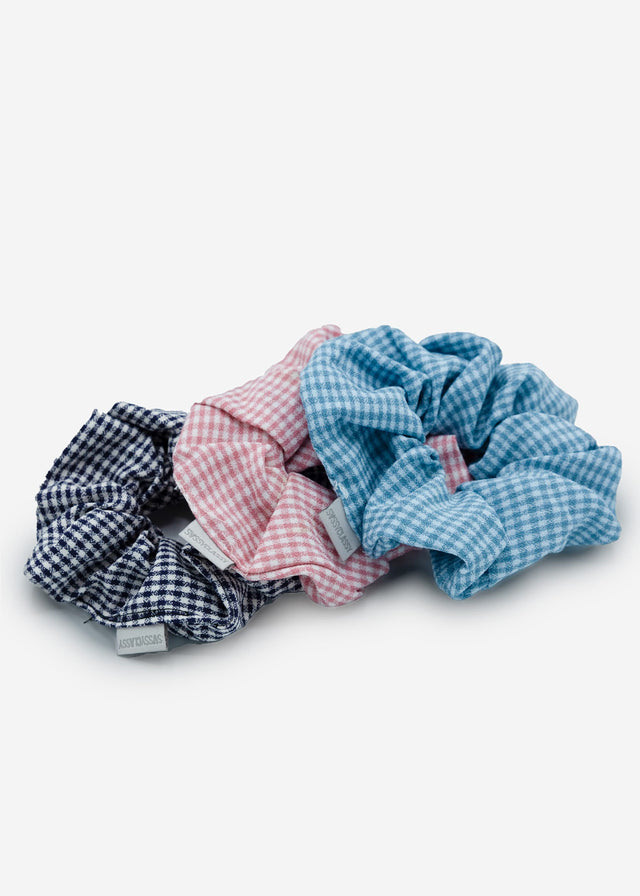 Set of 3 checked scrunchies - black-blue-rose
