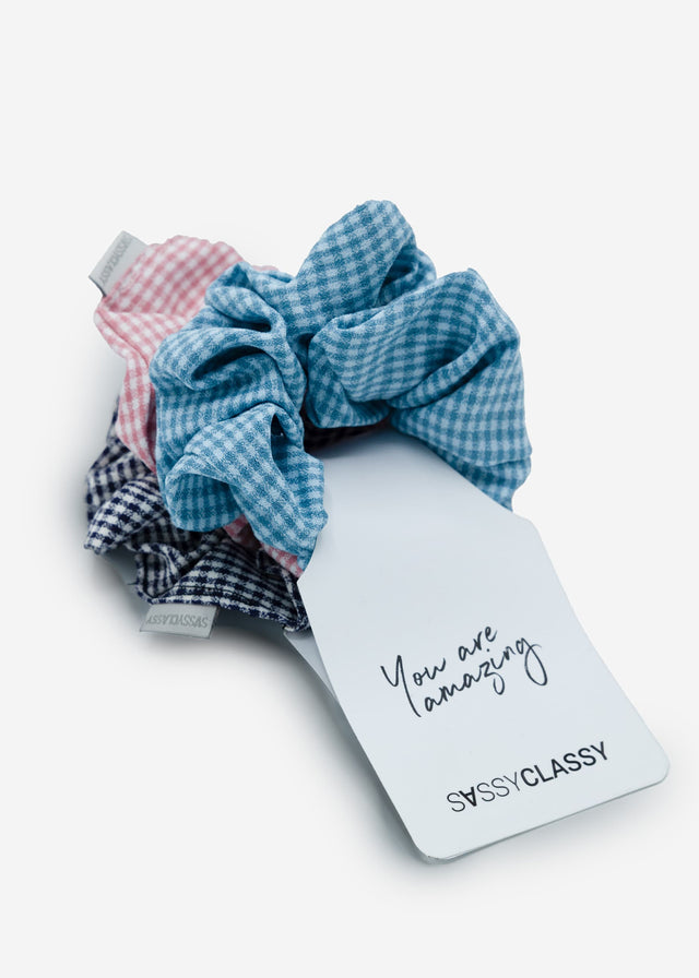 Set of 3 checked scrunchies - black-blue-rose