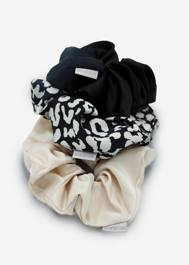 Set of 3 scrunchies - black-champagne-leopard print