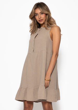 Ärmelloses Musselin Kleid mit Volants - taupe