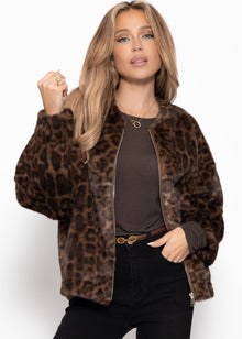 Faux fur bomber jacket with leopard print - brown