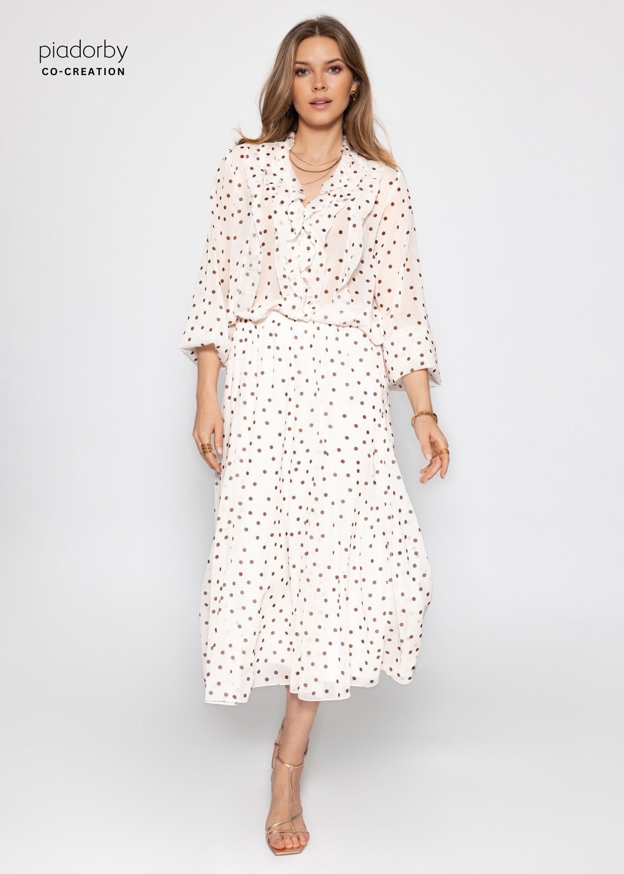 Chiffon Bluse mit Volants und Punktemuster - offwhite