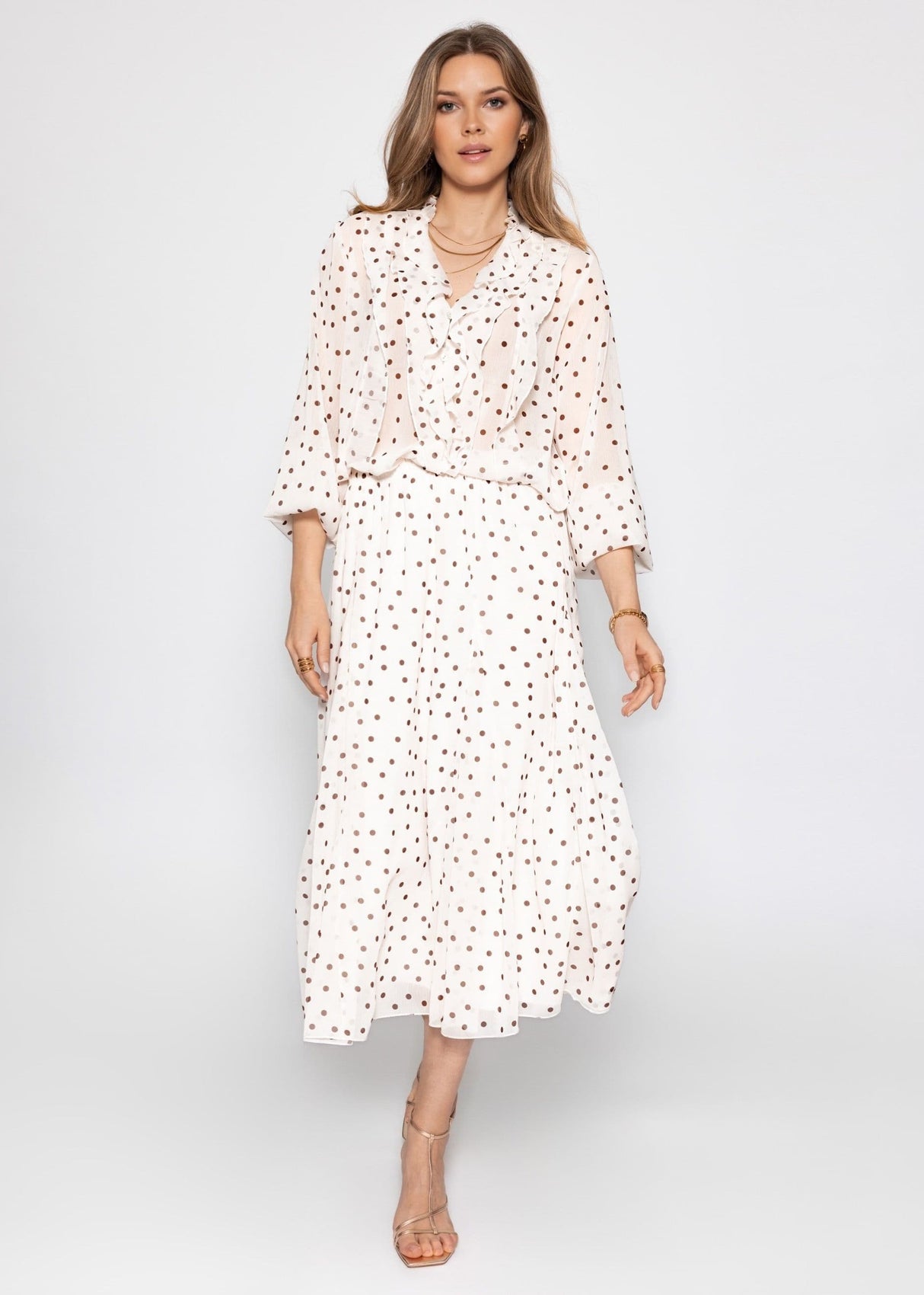 Chiffon Bluse mit Volants und Punktemuster - offwhite