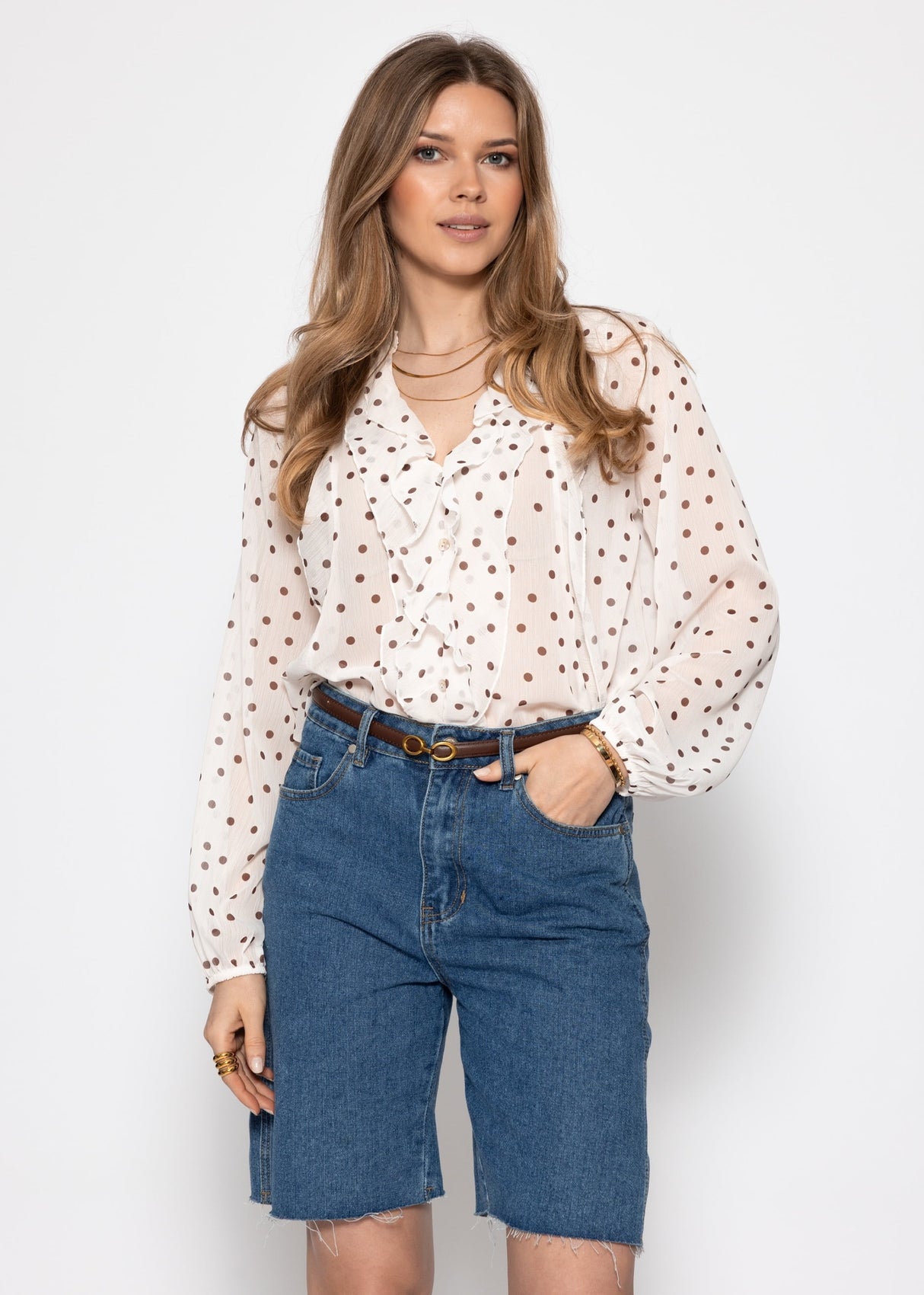 Chiffon Bluse mit Volants und Punktemuster - offwhite