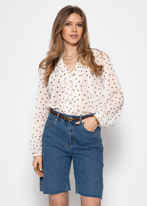 Chiffon Bluse mit Volants und Punktemuster - offwhite