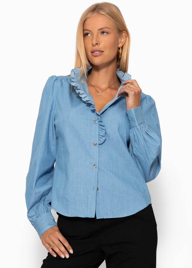Baumwoll-Bluse mit Rüschen - blau