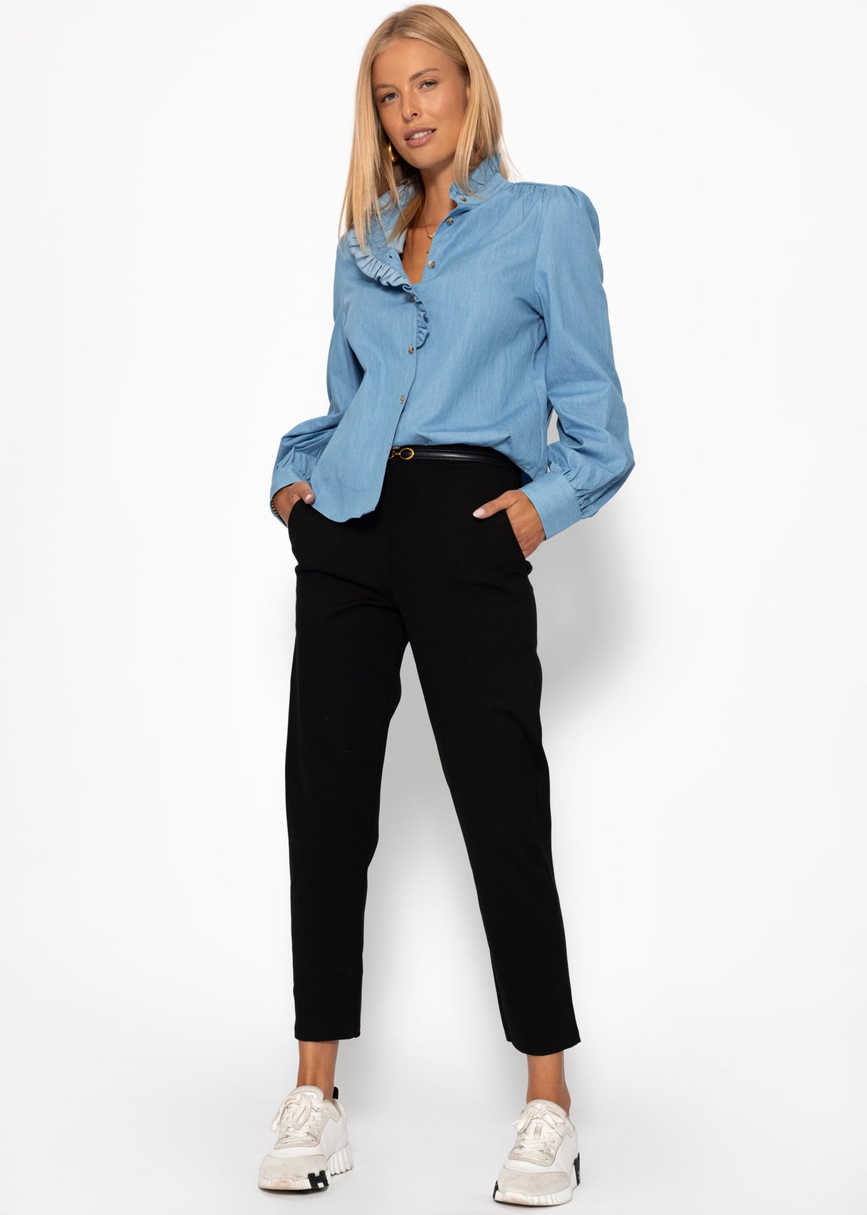 Denim Bluse mit Rüschen - blau