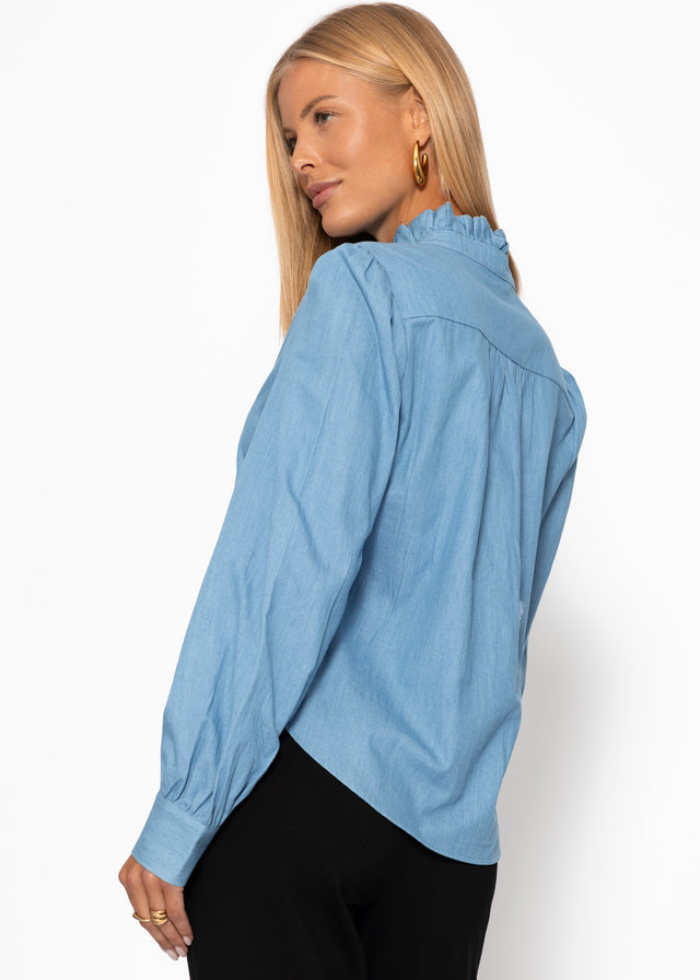 Baumwoll-Bluse mit Rüschen - blau