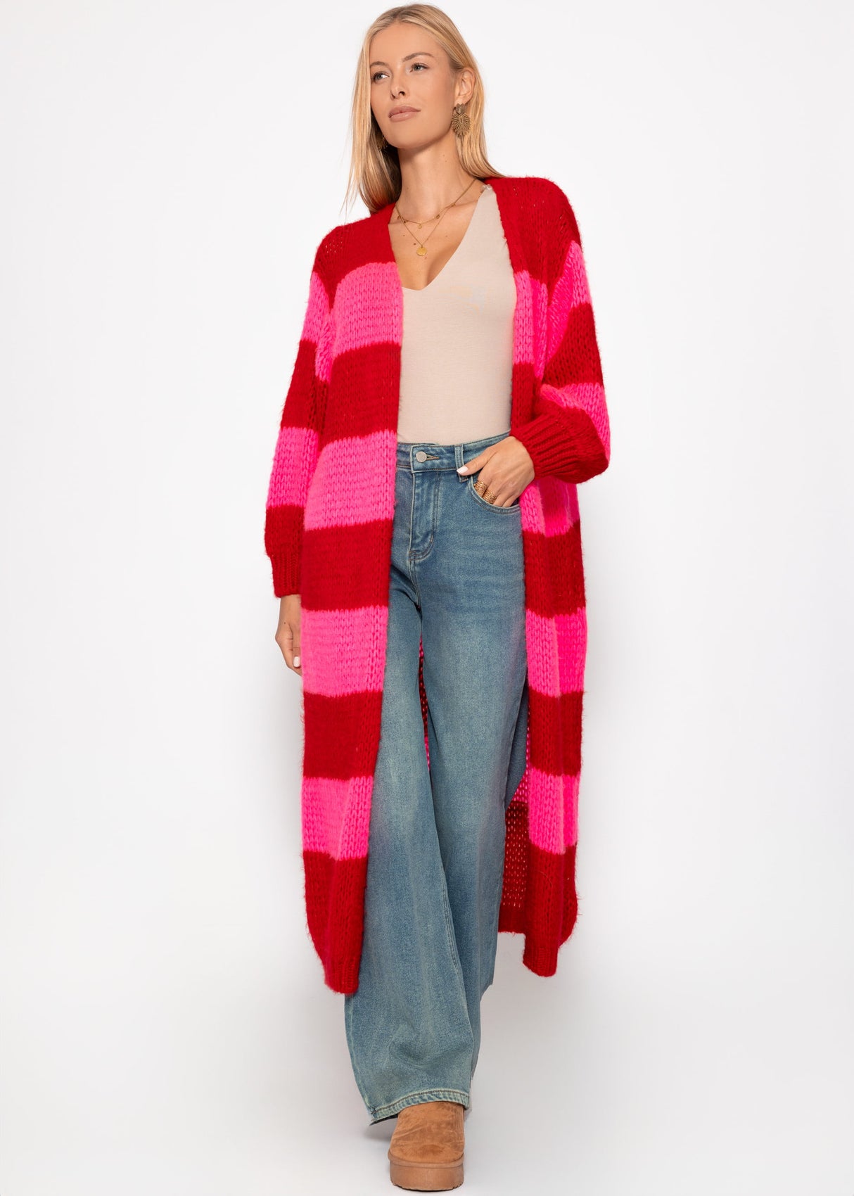 Extra long cardigan with block stripes - red-pink