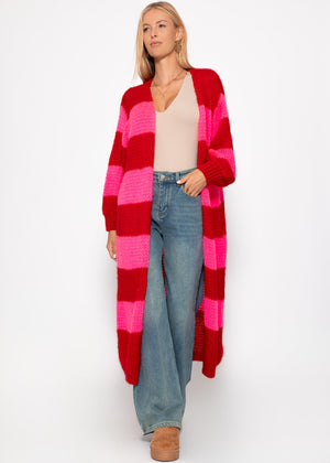Extra long cardigan with block stripes - red-pink