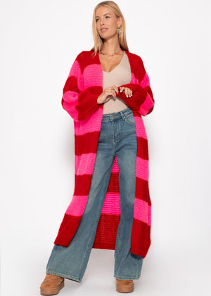Extra long cardigan with block stripes - red-pink