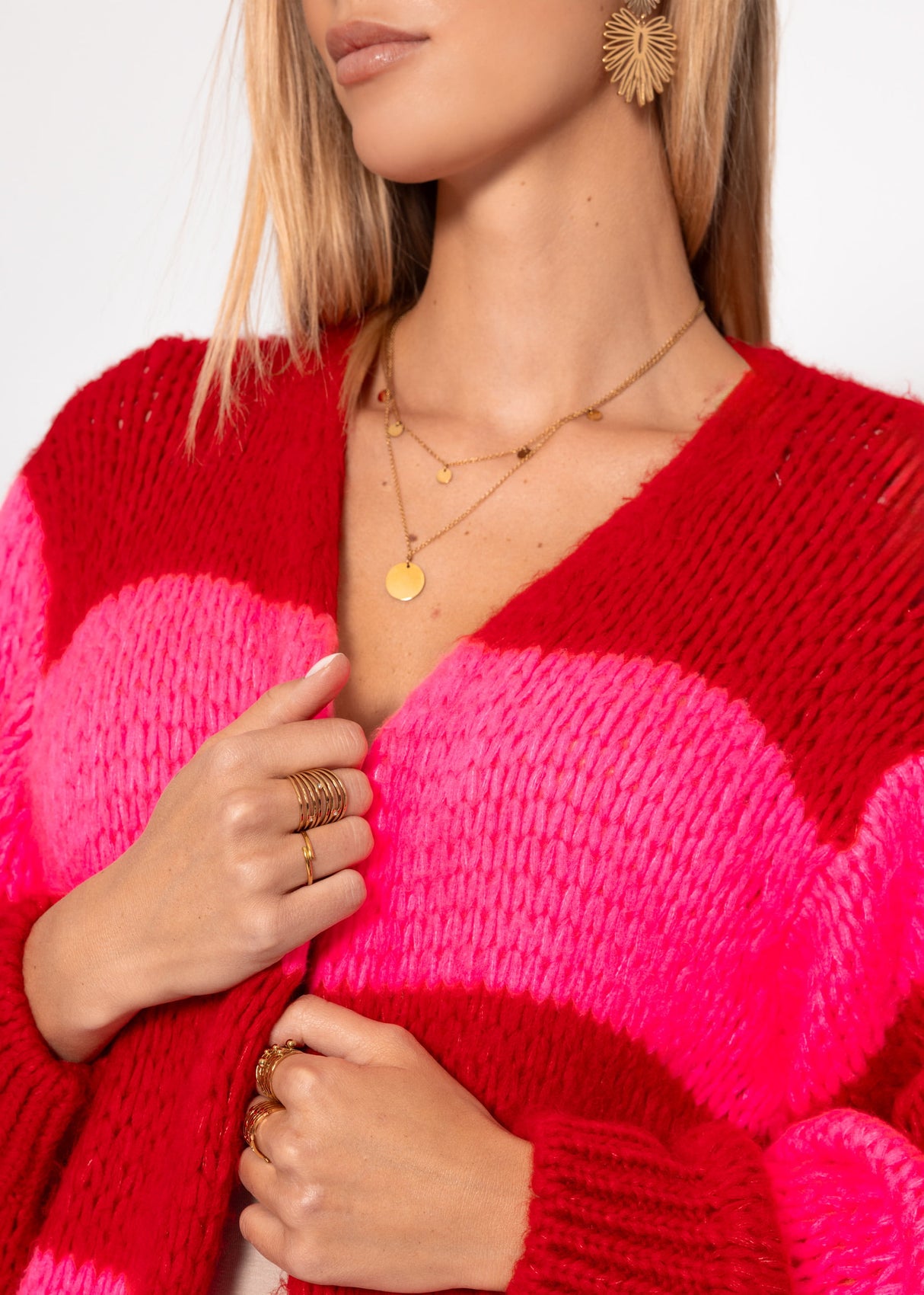 Extra long cardigan with block stripes - red-pink