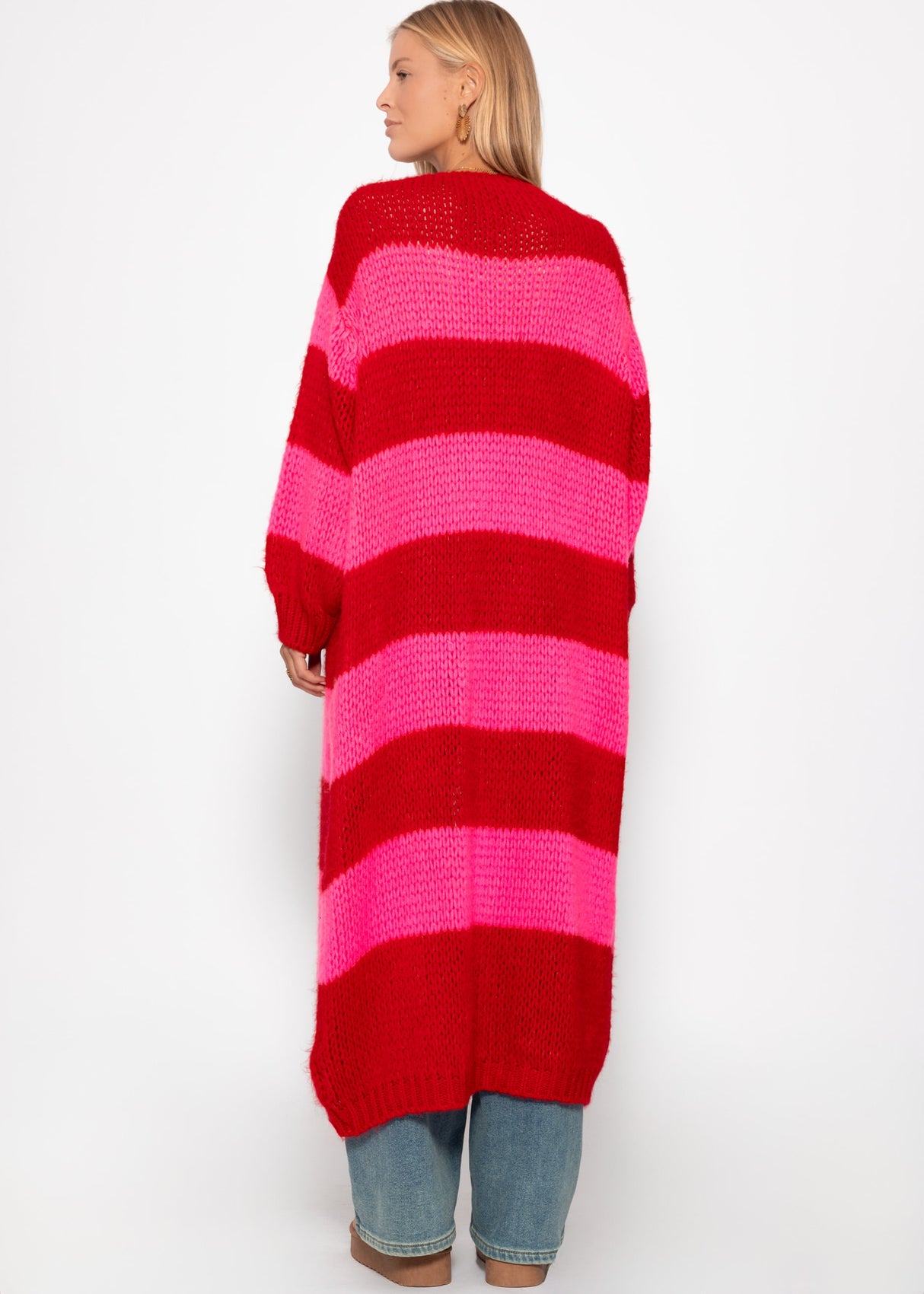 Extra long cardigan with block stripes - red-pink